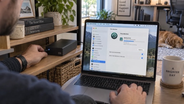 Hands check a connected backup drive beside a Mac while reviewing available storage before changing local snapshots.