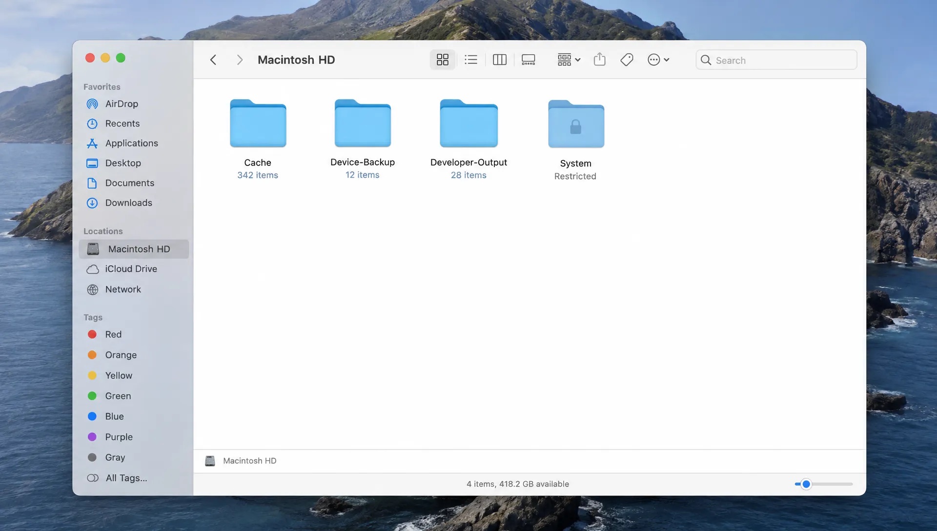 A Finder window on a Mac shows cache, device-backup and developer-output folders being reviewed alongside a protected system folder before selective cleanup.