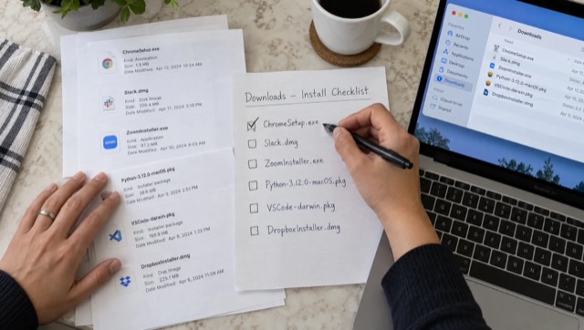 Hands review a Downloads list and mark a recognized installer on a checklist during a careful Mac cleanup.
