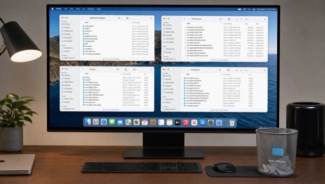 A Mac Finder setup shows Library folders where app leftovers collect after uninstall.