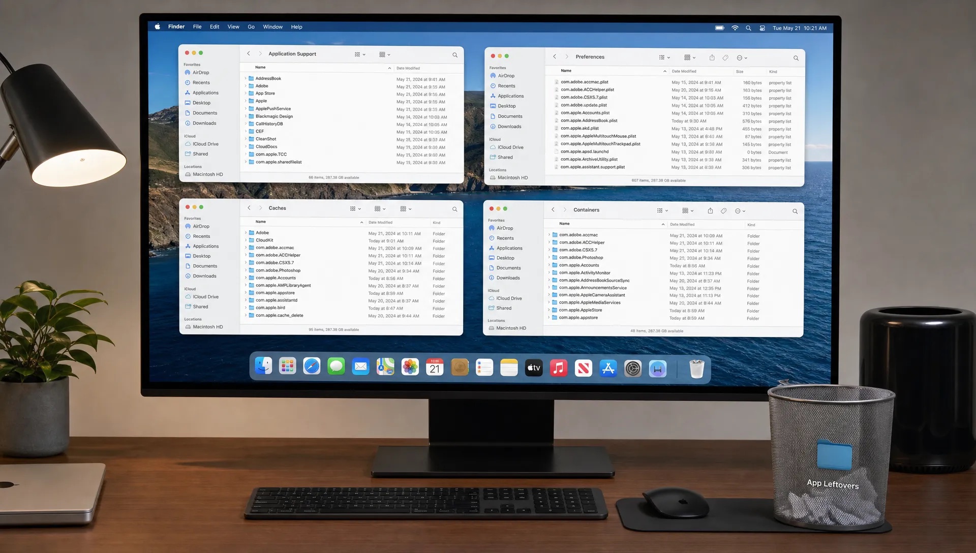 A Mac Finder setup shows Library folders where app leftovers collect after uninstall.