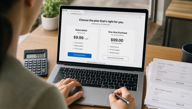 Hands compare a Mac cleaner subscription with a one-time purchase on a laptop at a desk.