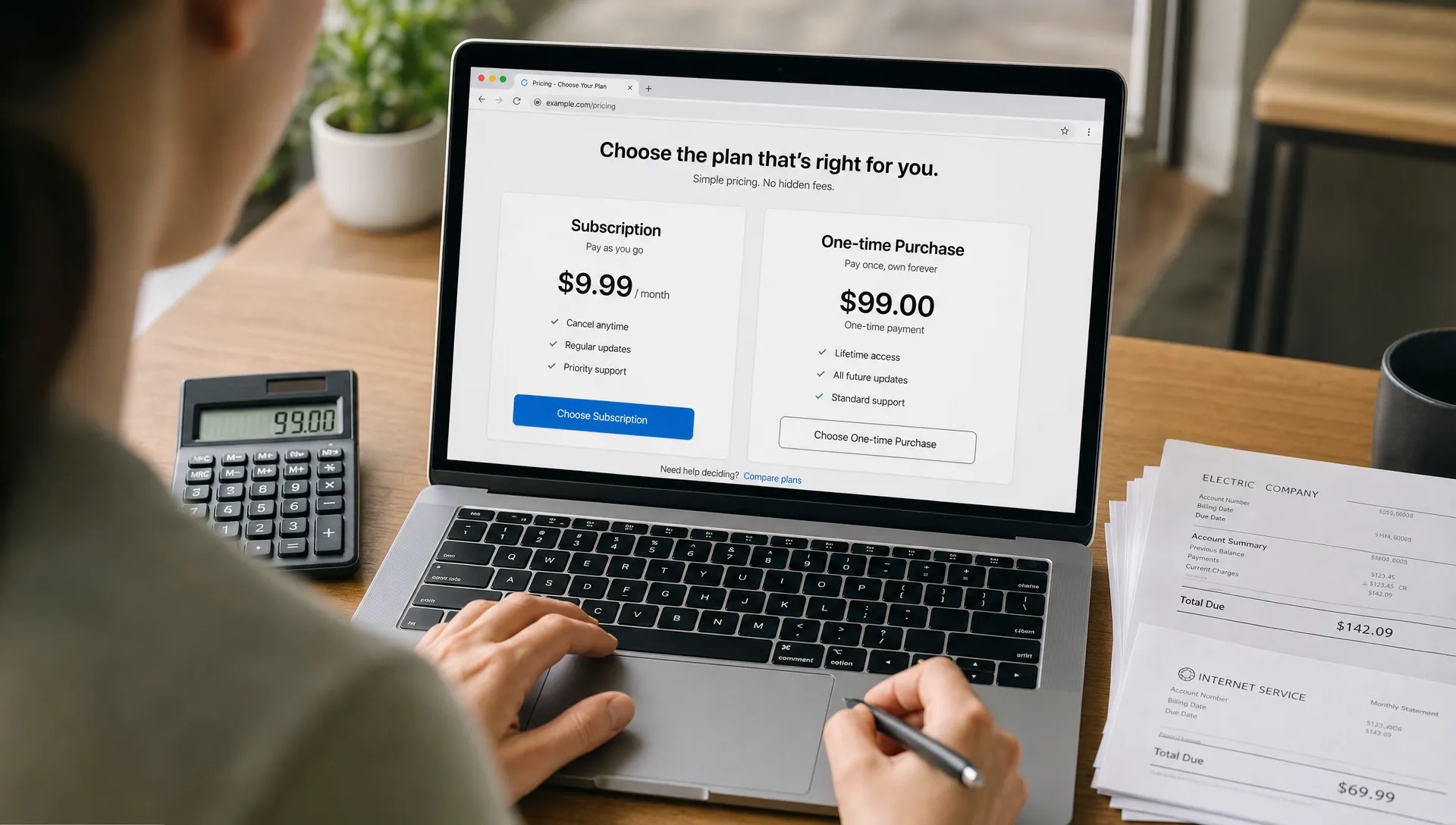 Hands compare a Mac cleaner subscription with a one-time purchase on a laptop at a desk.