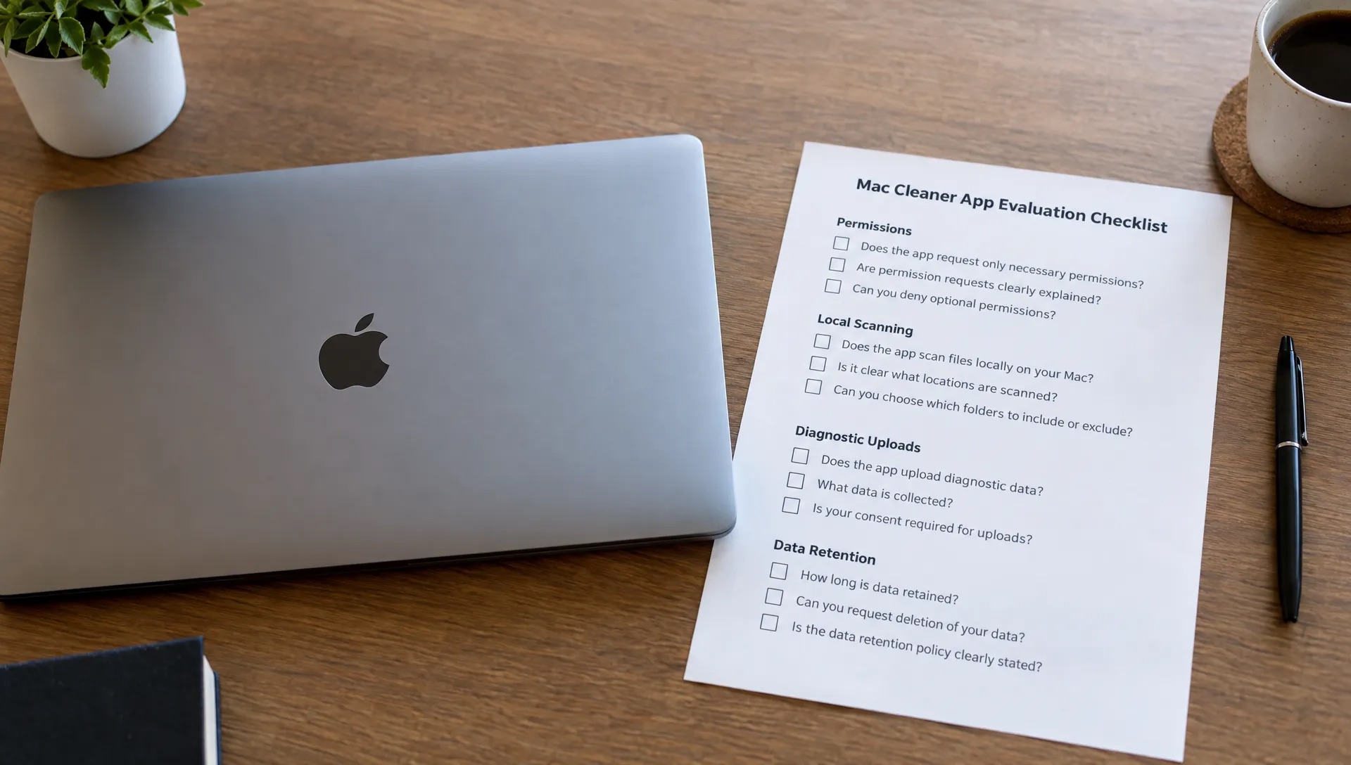 A closed MacBook sits beside a printed checklist of permissions, local scanning, diagnostic uploads, and data retention for evaluating a Mac cleaner app.
