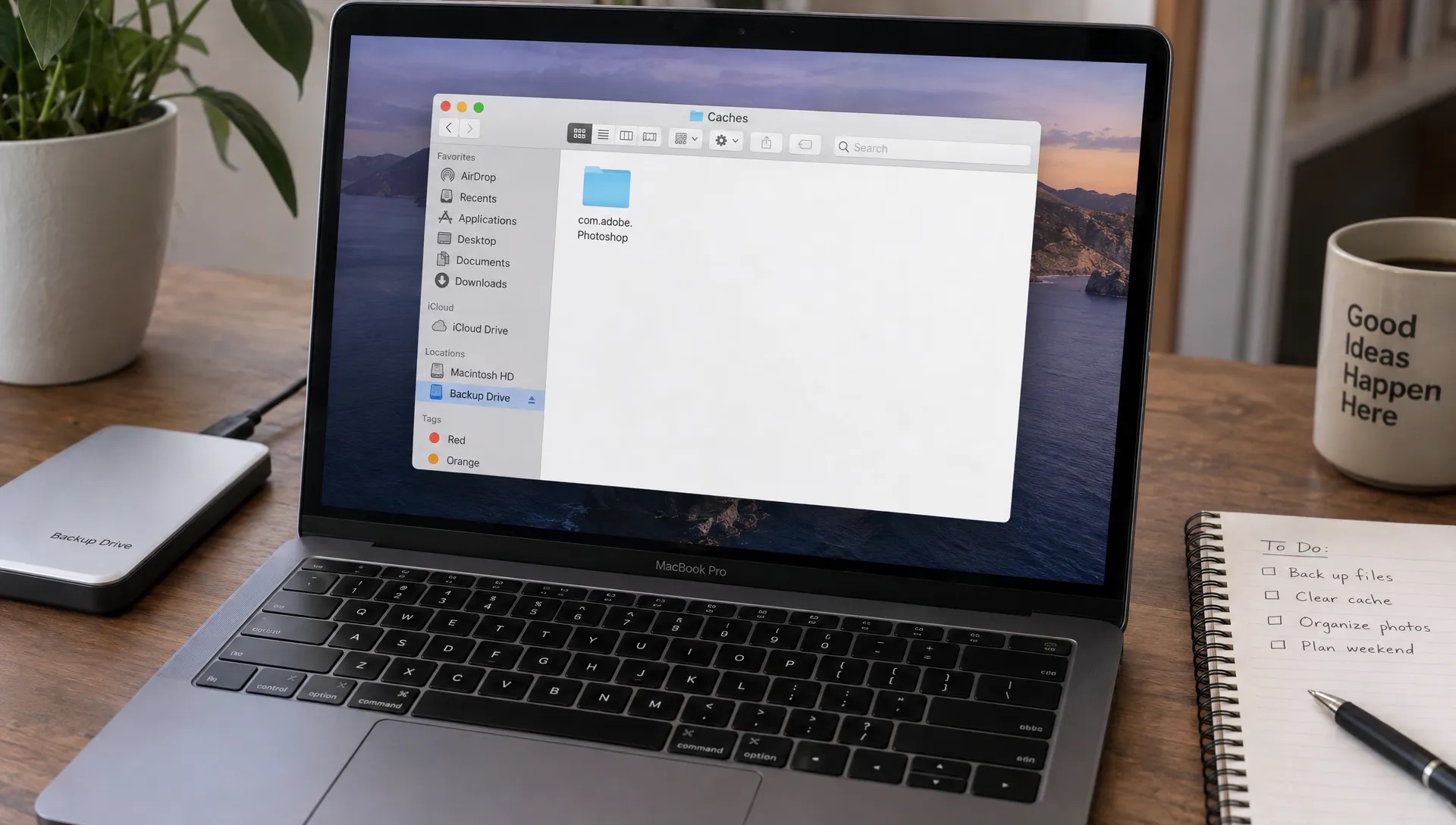 A MacBook displays one app-specific cache folder in Finder beside an external backup drive and a notebook, illustrating a careful cache cleanup that protects important files.