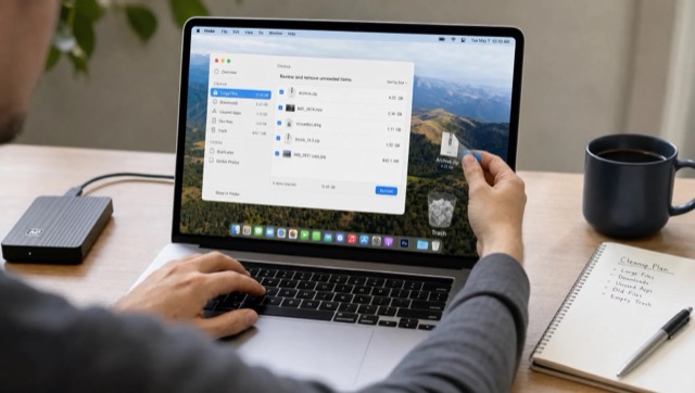 Hands use a MacBook to move selected files toward the Trash during a cleanup session.