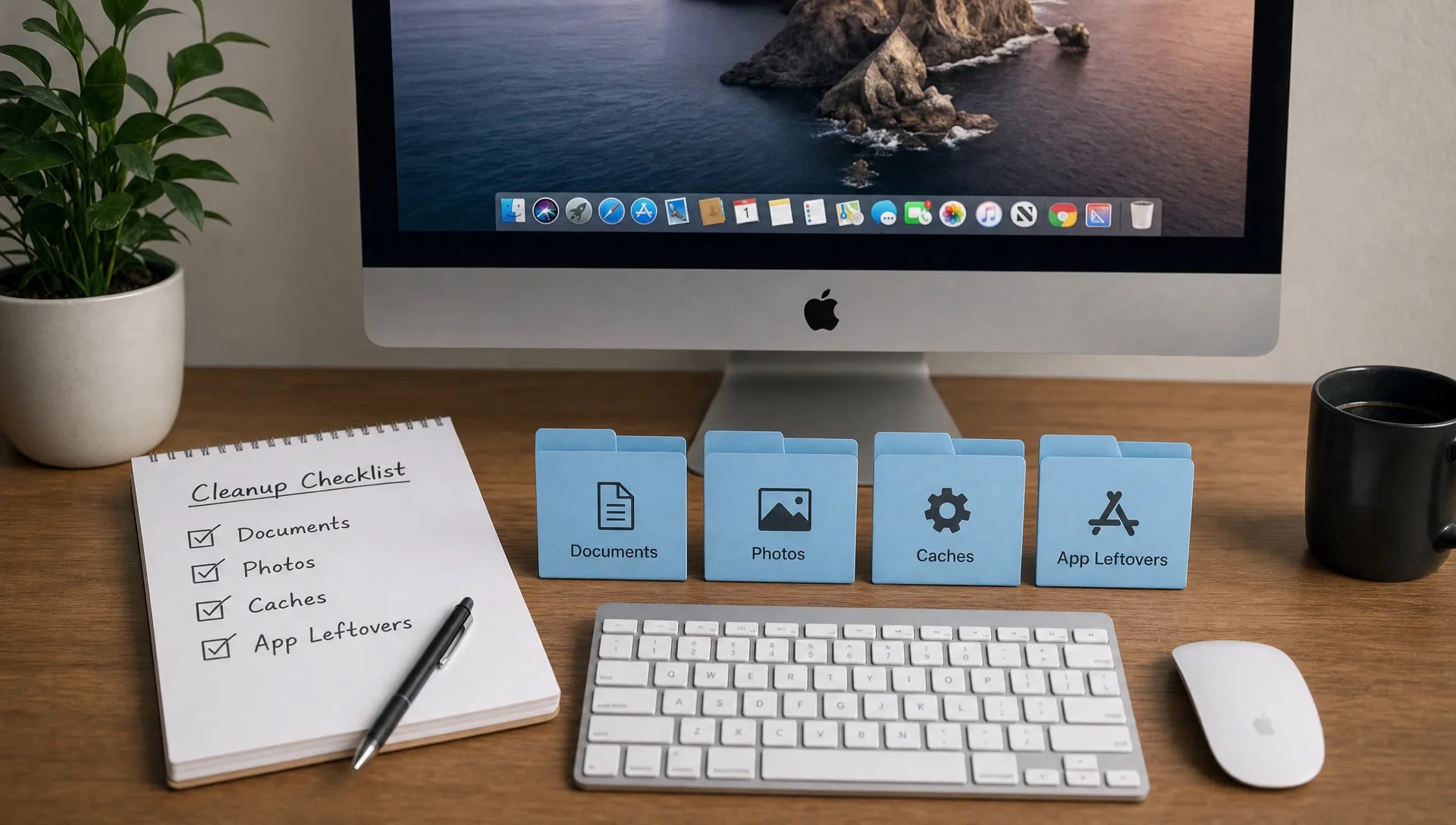 A Mac desk scene shows a checklist beside folders for documents, photos, caches, and app leftovers before cleanup.