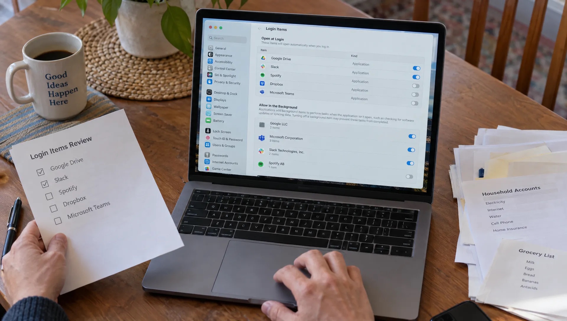 Hands review macOS Login Items on a MacBook beside a written list before disabling an unnecessary startup app.