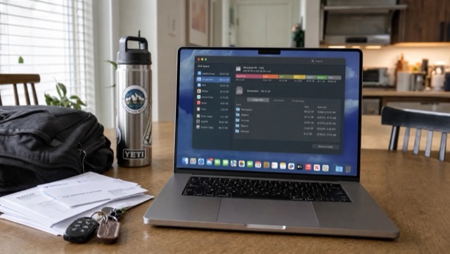 A MacBook on a kitchen table shows a storage manager beside everyday items at home.