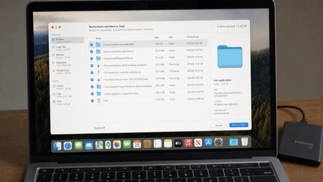 A Finder file review window shows exact paths and cleanup items before removal, with a keyboard and external drive nearby.
