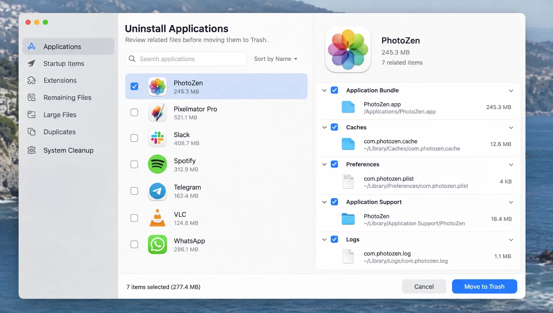 A Mac app-cleaner review window lists an application bundle and related cache, preference, and support paths before the selected files are moved to Trash.