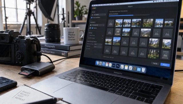 A camera and card reader sit beside a Mac during a photo import, with thumbnail previews being generated as an example of rebuildable cache data.