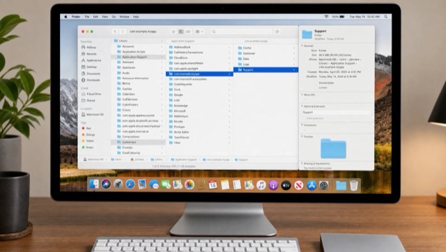 A Mac Finder window shows Library folders, support data and cache items being checked before cleanup.