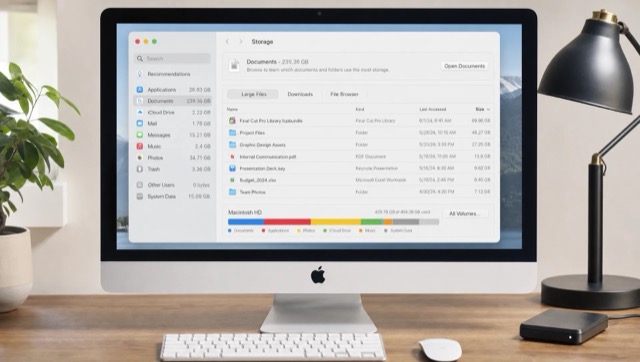 An iMac screen shows Mac storage categories beside a keyboard and external drive on a desk.