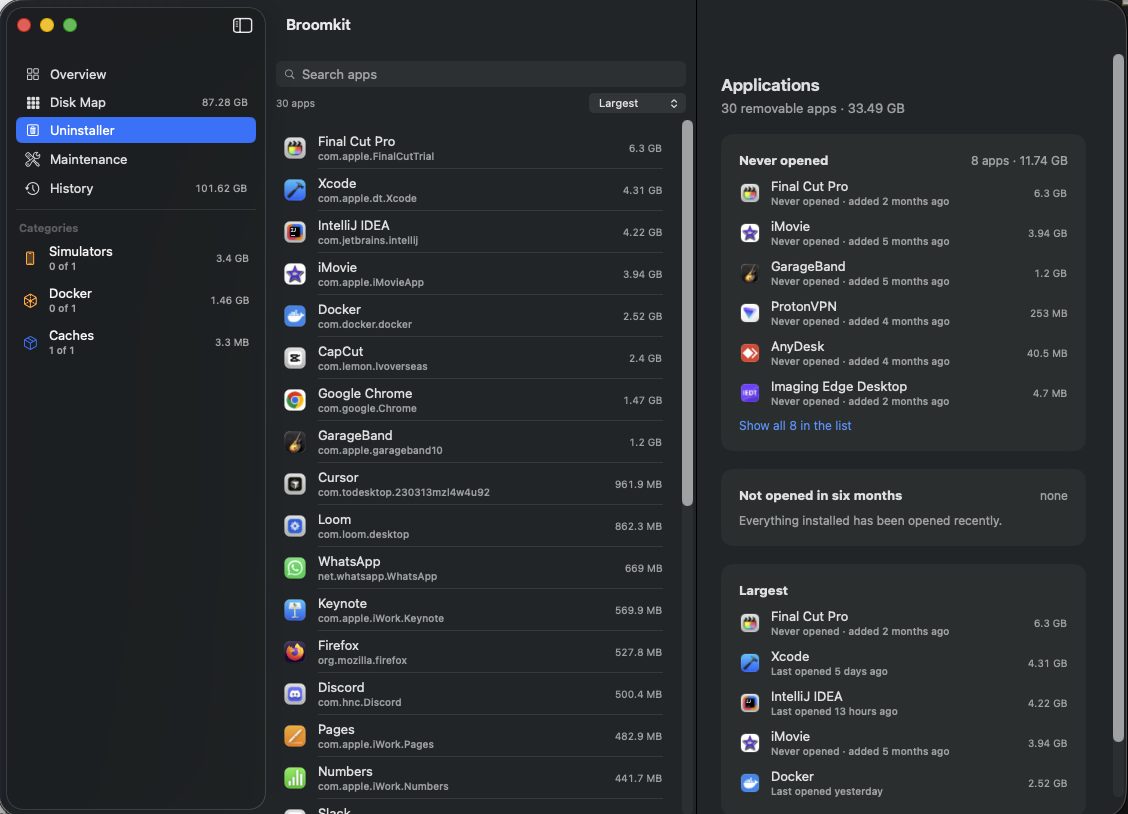 Broomkit Uninstaller listing 30 removable applications with bundle identifiers and sizes, grouped into Never opened, Not opened in six months and Largest